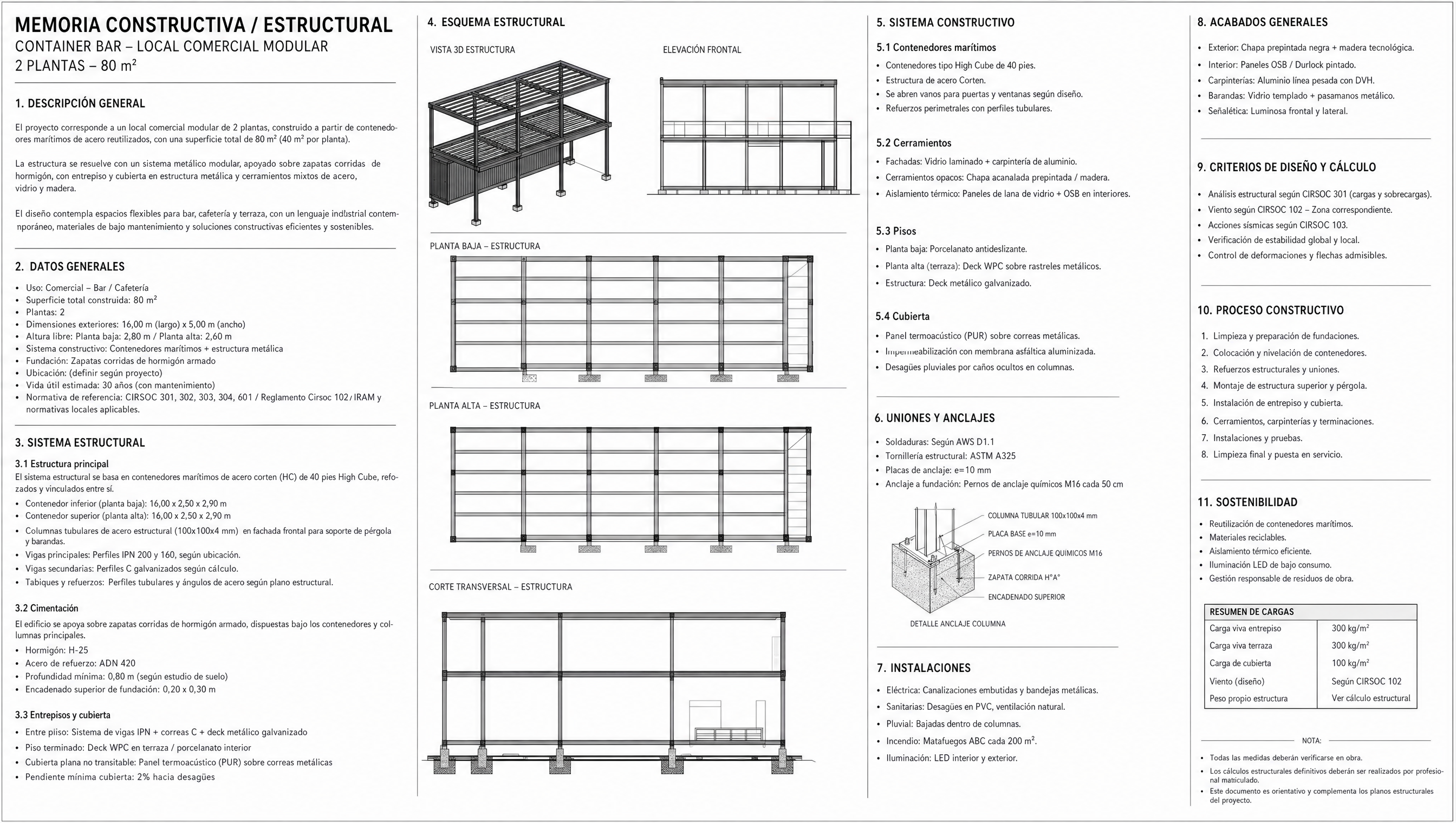 Memoria constructiva y estructural Container Bar 80 m2